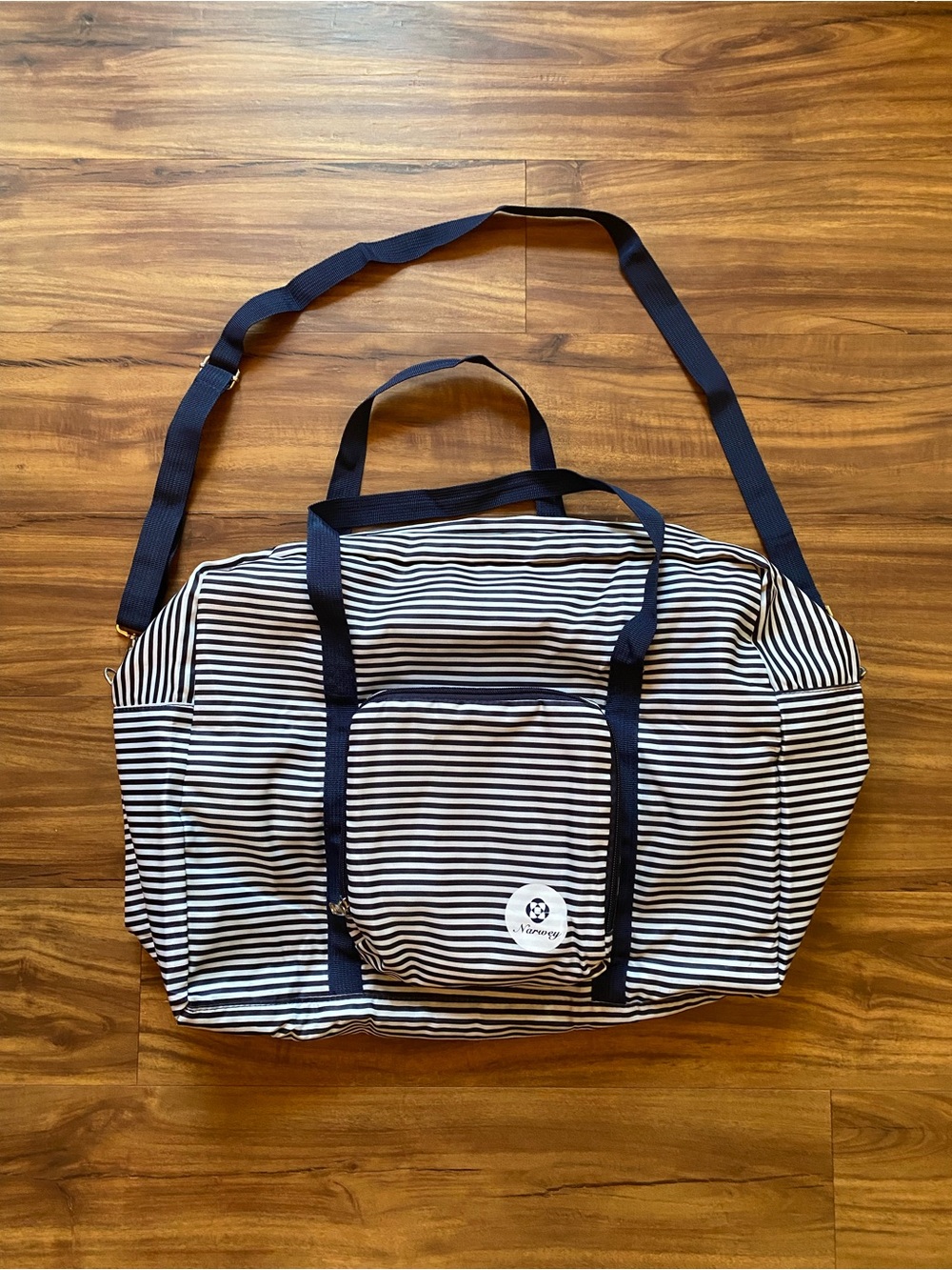 Striped Navy and White Travel Duffel Bag by Narwey